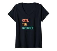 Mujer Gatos Vintage Tea Crochet Lovers Camiseta Cuello V