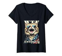 Mujer Gatos WTF America Angry Cat Lover American Vintage con Bandera de EE. UU. Camiseta Cuello V