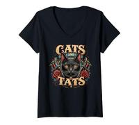 Mujer Gatos y Tatuajes Gato Negro Artista del Tatuaje Camiseta Cuello V