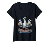 Mujer Gaviota Capitán Divertida Pájaros Roban Patatas Y Bocadillo Camiseta Cuello V