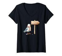 Mujer Gaviota con Bufanda roja Escena Costera Camiseta Cuello V