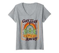 Mujer Gay The Pray Away | Lindo Divertido Queer Frogs Rainbow Retro Camiseta Cuello V