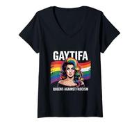 Mujer Gaytifa Drag Queens contra el Fascismo Ningún Rey Resiste Camiseta Cuello V