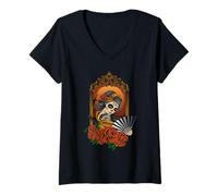 Mujer Geisha Art Nouveau Día de los Muertos - Floral Skull Woman Camiseta Cuello V