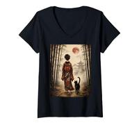 Mujer Geisha Caminando a través de Bosque de bambú con Gato Negro Luna roja Camiseta Cuello V