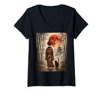 Mujer Geisha Caminando a través de Bosque de bambú japonés Gato Negro Arte Camiseta Cuello V