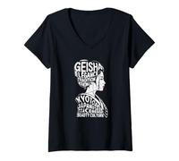 Mujer Geisha Kyoto Japón Anime Retro japonés Kanji Word Souvenir Camiseta Cuello V