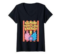 Mujer Gemini Twin Flame Energy Astrología Signo del Zodiaco Camiseta Cuello V