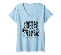 Mujer Genealogía Divertida impulsada por el café y parientes Muertos Camiseta Cuello V
