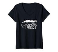 Mujer Generación Elegida 1 Pedro 2:9 Empoderamiento Espiritual Camiseta Cuello V