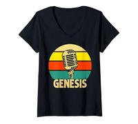 Mujer Genesis - Micrófono Retro con Nombre y música Divertida de los años 80 Camiseta Cuello V