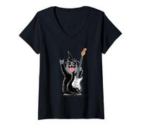 Mujer Genial Mago Gato con Guitarra eléctrica Divertido diseño Retro Camiseta Cuello V