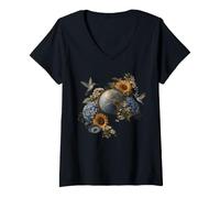 Mujer Geografía Profesor Floral Colibrí Brújula Viaje Natural Camiseta Cuello V