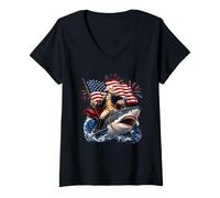 Mujer George Washington Riding a Shark Funny 4th of July Patriotic Camiseta Cuello V