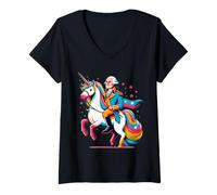 Mujer George Washington Riding A Unicorn Rainbow Colorido Gráfico Camiseta Cuello V