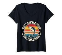 Mujer Gerente de tiempo completo Puta a tiempo parcial Divertido Fisher Juego de palabras de pesca Camiseta Cuello V