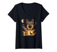 Mujer German Shepherd Howling to The Moon Vintage Dog Graphic Camiseta Cuello V