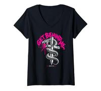 Mujer Get Behind Me Mark 8:33 Cita de Jesús Cruz de Serpiente Cristiana Camiseta Cuello V