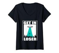 Mujer Get In Loser: Divertido secuestro de Extraterrestres por ovnis, Nave Espacial, área 51 Camiseta Cuello V