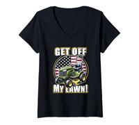 Mujer Get Off My Lawn Funny Lawn Mower Bandera de Estados Unidos Día del Padre Camiseta Cuello V