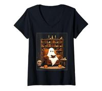 Mujer Ghost Cozy, Amante de los Libros de Lectura, Black Cat Library, Halloween Camiseta Cuello V