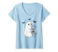 Mujer Ghost Dachshund Halloween Camiseta Cuello V