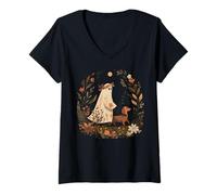 Mujer Ghost Dog Halloween Mujeres Dueño de Mascotas Temporada Espeluznante Floral Camiseta Cuello V