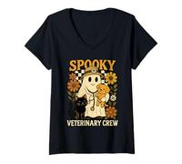 Mujer Ghost Holding Negro Gato, Perro Veterinario Halloween Vet Tech Camiseta Cuello V