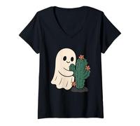 Mujer Ghost Hugs Cactus con Flores Camiseta Cuello V