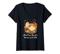 Mujer Ghost Reading Book Fall Black Cat Ghosting For Books Bookish Camiseta Cuello V