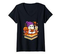 Mujer Ghost Reading Book Halloween Coffee Spooky Autumn Fall Camiseta Cuello V