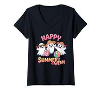 Mujer Ghost Watermelon Ice Cream Happy Summerween Halloween Spooky Camiseta Cuello V