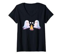 Mujer Ghostly Campfire Asar Malvaviscos Halloween Camp Fire Camiseta Cuello V