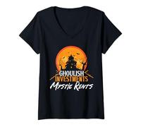 Mujer Ghoulish Investments Mystic alquila a un Aterrador Agente inmobiliario para Halloween Camiseta Cuello V