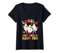 Mujer Ghouls Just Wanna Have Fun Grupo Retro Halloween Niñas Mujeres Camiseta Cuello V