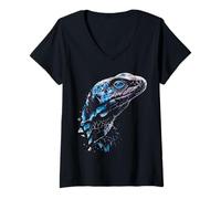 Mujer Gila-Monster Animal Motif Dibujo Ojos Azules Obra De Arte Camiseta Cuello V