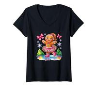 Mujer Gingerbread Girl Patinaje sobre Hielo Delicia de Invierno Camiseta Cuello V