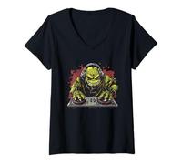 Mujer Gira los ritmos con un ogro de fiesta en la cabina de DJ Camiseta Cuello V