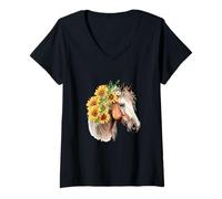 Mujer Girasol Caballo Retrato CowGirl Ecuestre Caballo Camiseta Cuello V