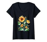 Mujer Girasol Otoño Amor Floral. Acuarela Camiseta Cuello V