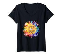 Mujer Girasol Otoño Amor Floral. Acuarela Camiseta Cuello V