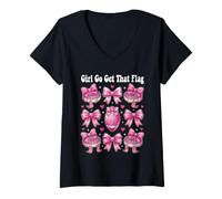 Mujer Girl Go Get That Flag, Coqueta, Lazo con Bandera Rosa, fútbol, mamá Camiseta Cuello V