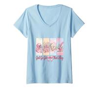 Mujer Girl Go Get That Flag - Panel Floral estético de melocotón Rosa Camiseta Cuello V