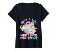 Mujer Girl Loves Dinosaurs Science Museum Kid Púrpura Rosa Cumpleaños Camiseta Cuello V