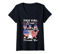 Mujer Girl Loves USA Her Cornish Rex Cat 4th of July Patriotic Camiseta Cuello V