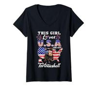 Mujer Girl Loves USA Her Tortoiseshell Cat 4th of July Patriotic Camiseta Cuello V