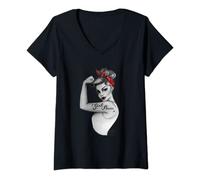 Mujer Girl Power Pin Up Art by Anne Cha Modern Rosie the Riveter Camiseta Cuello V