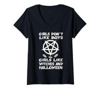 Mujer Girls Don't Like Boys Girls Like Witches Halloween Wicca Camiseta Cuello V