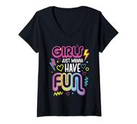 Mujer Girls Just Wanna Have Fun Retro 70s 80s 90s Mujeres Niñas Niños Camiseta Cuello V