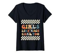 Mujer Girls Like Race Cars Too Bandera de Carreras a Cuadros Motorsport Camiseta Cuello V